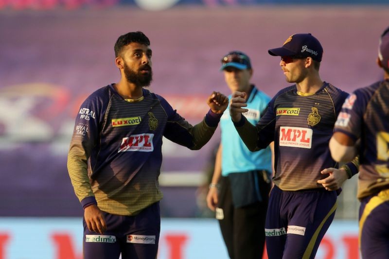 KKR’s Varun Chakravarthy celebrates after taking a wicket. (Photo: @IPL/Twitter)